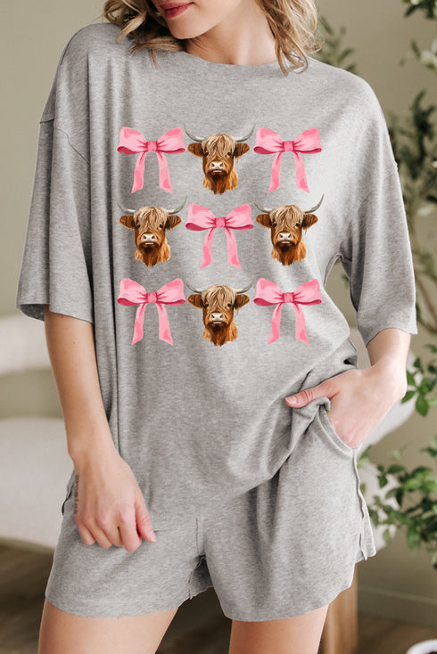 Ranch Ready Cow Print Bow Graphic Tee Comfy Shorts Set